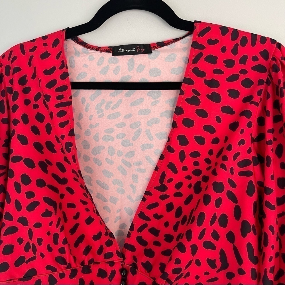 Balloon Sleeve Button Front Crop Top Red Leopard Print Gillian Blouse - Picture 5 of 13